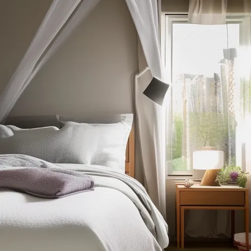 

This image shows a cozy bedroom with a comfortable bed, a nightstand with a lamp, and a window with light curtains. The room is decorated with calming colors and has a peaceful atmosphere, creating the perfect environment for a good night's sleep