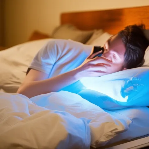 

The image shows a person lying in bed, illuminated by a bright blue light coming from a phone or tablet. The blue light is disrupting the person's sleep, causing them to toss and turn in bed. The article discusses the negative effects of