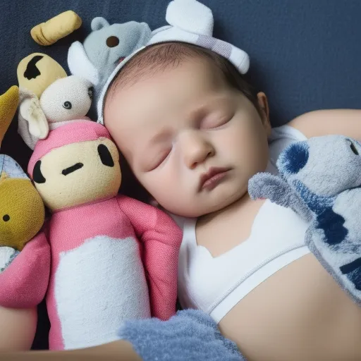 

A close-up of a baby sleeping peacefully in a crib, surrounded by stuffed animals.