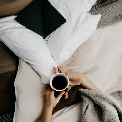 

This image shows a person lying in bed, with a book and a cup of tea on the bedside table. The person is surrounded by a peaceful atmosphere, with a lamp providing a warm glow and a cozy blanket draped over them. The