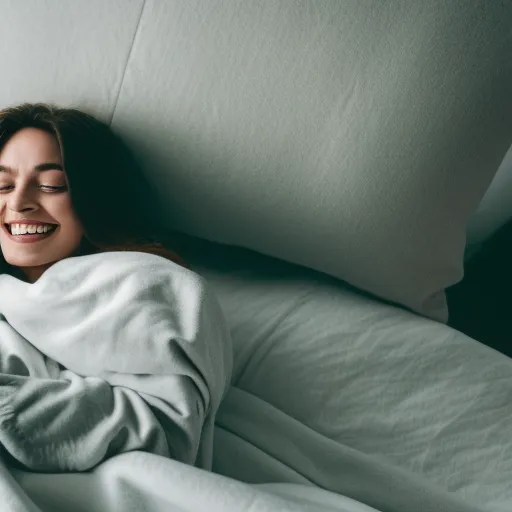 

A smiling woman lying in bed, surrounded by pillows and a cozy blanket, enjoying a peaceful night's sleep.