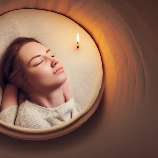 

The image shows a person lying in bed, with their eyes closed and a peaceful expression on their face. They are surrounded by a circle of candles, which represent a calming atmosphere. The image conveys the idea of relaxation and peacefulness,