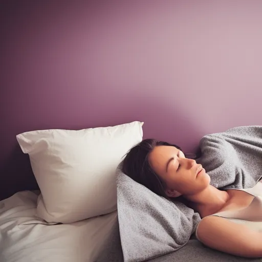 

A woman sleeping peacefully in bed, surrounded by calming colors and a cozy atmosphere.