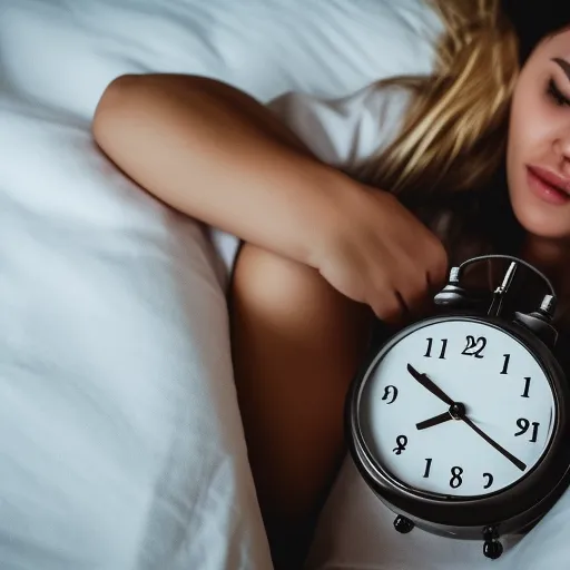 

A woman sleeping peacefully in bed, with a clock showing the time is just before 6am.