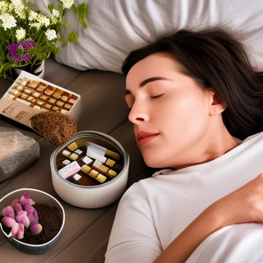 

A woman sleeping peacefully in her bed, surrounded by natural products such as Arkorelax, Panxeol, Euphytosenuit, and other herbal remedies.