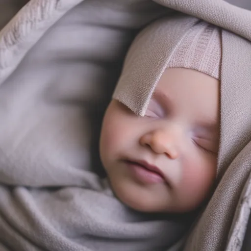 

A close-up of a sleeping baby, peacefully snuggled in a blanket.