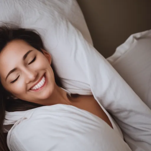 

A woman lying in bed, peacefully sleeping with a smile on her face.